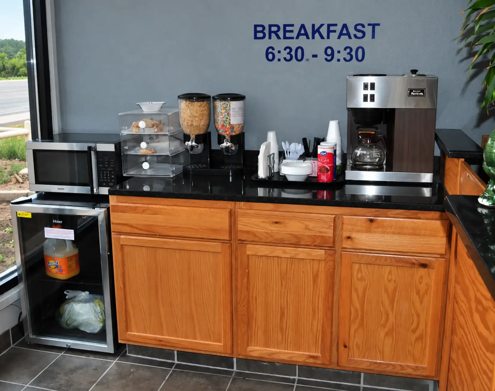 Morning coffee and breakfast counter at Bestway Inn