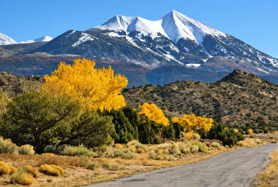 Snow-covered mountain peaks above an autumn landscape